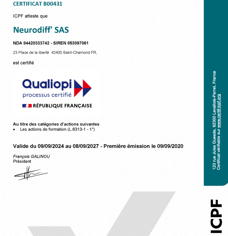 Certificat de conformité Qualiopi pour Neurodiff avec logo et mentions officielles.